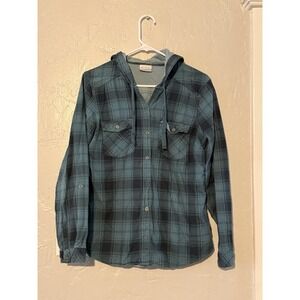 Columbia Womens Flannel Plaid Hooded Shirt Jacket Blue M Shacket Outdoor